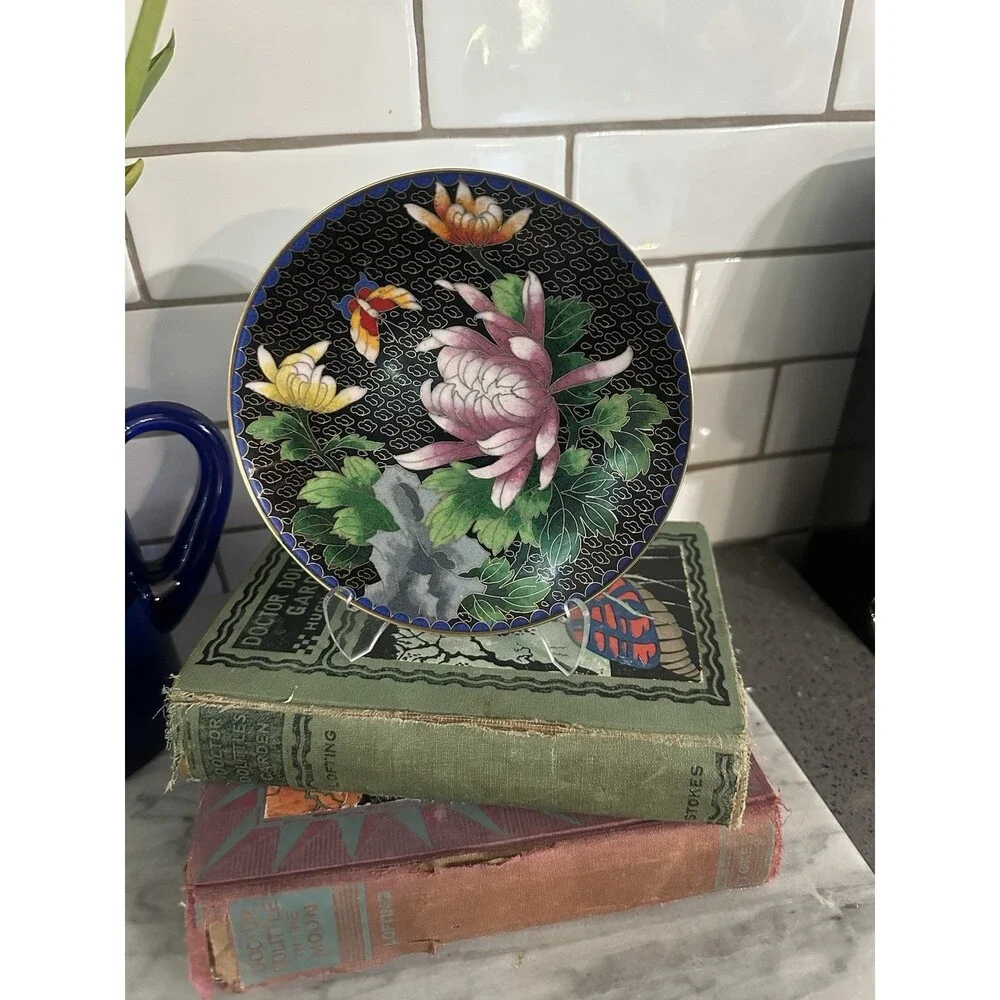 Vintage Japanese Cloisonne Jingfa Floral Enamel 6” Round Plate Turquoise Golden